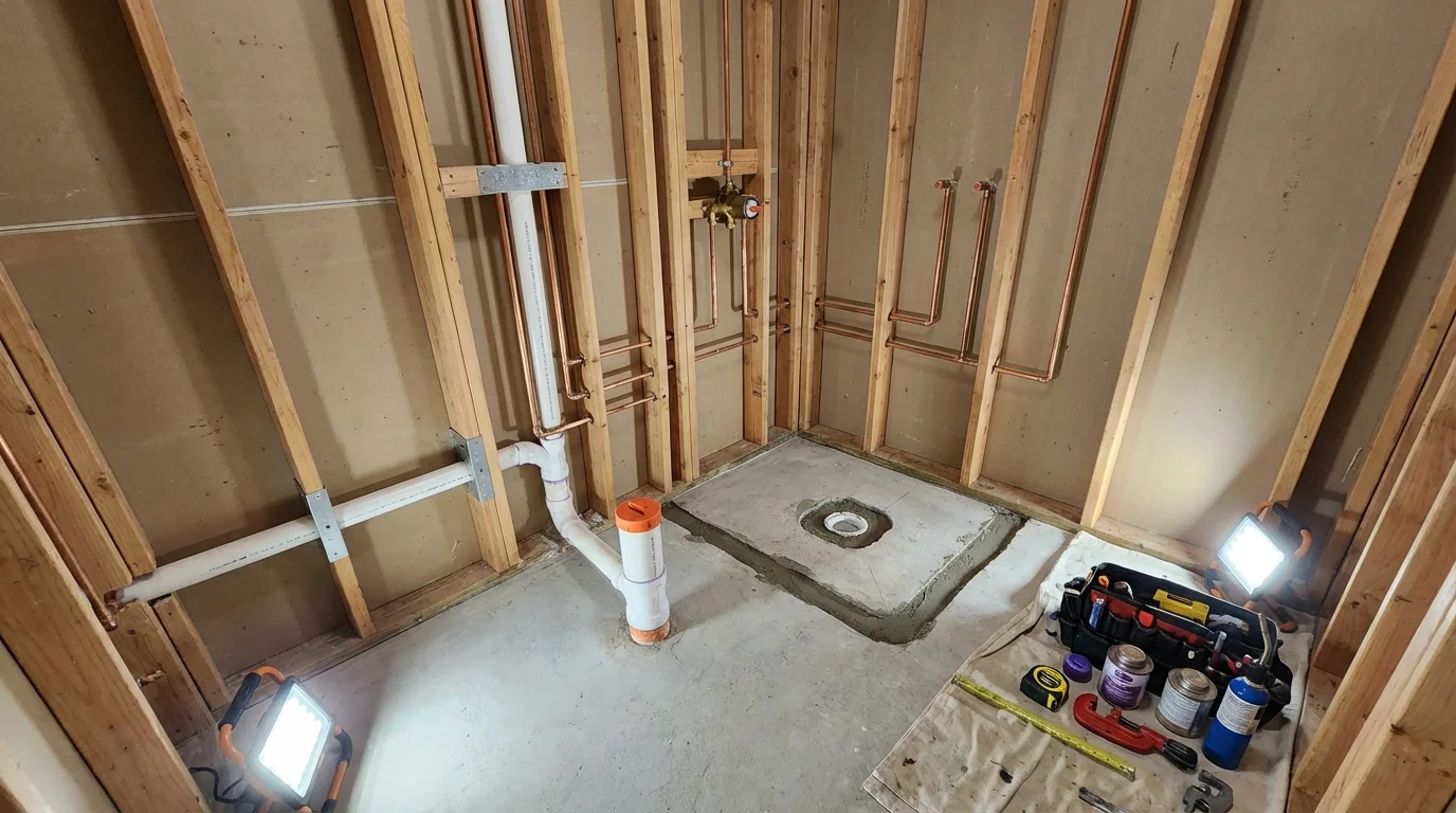 Bathroom rough-in plumbing during remodel by Johns Plumbing LLC in Lenoir