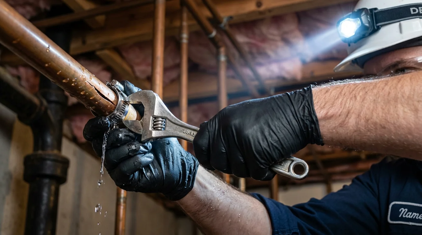 Emergency pipe clamp repair being performed by a Johns Plumbing LLC plumber in Lenoir