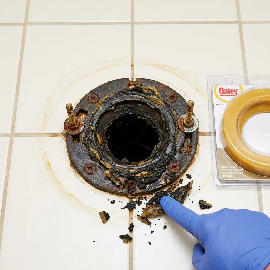 Failed wax ring showing water seepage at the base of a toilet in a Lenoir, NC home