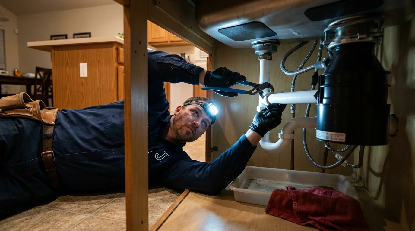 P-trap and supply line connections under a kitchen sink showing a common leak point in Lenoir, NC